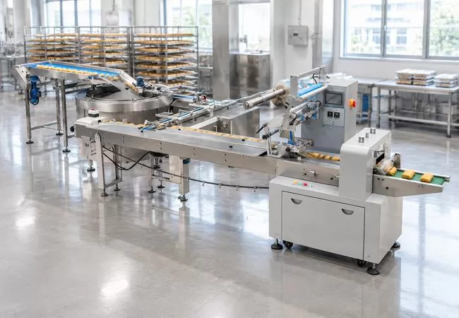 Full assembly view of the rotary feeder and flow wrapper line, showing the circular rotating plate connected to the packaging conveyor
