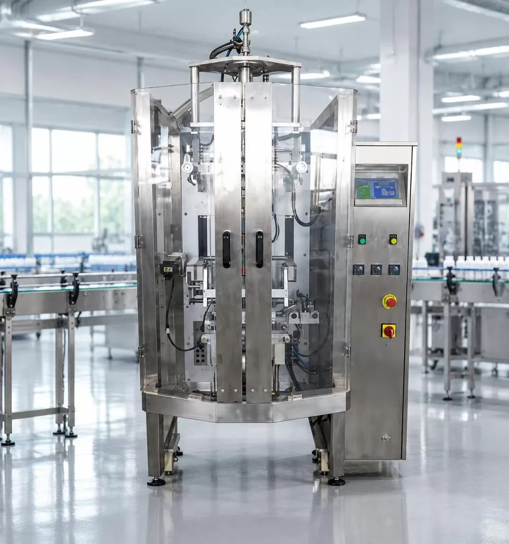Front view of the packaging machine with stainless steel components visible through transparent panels