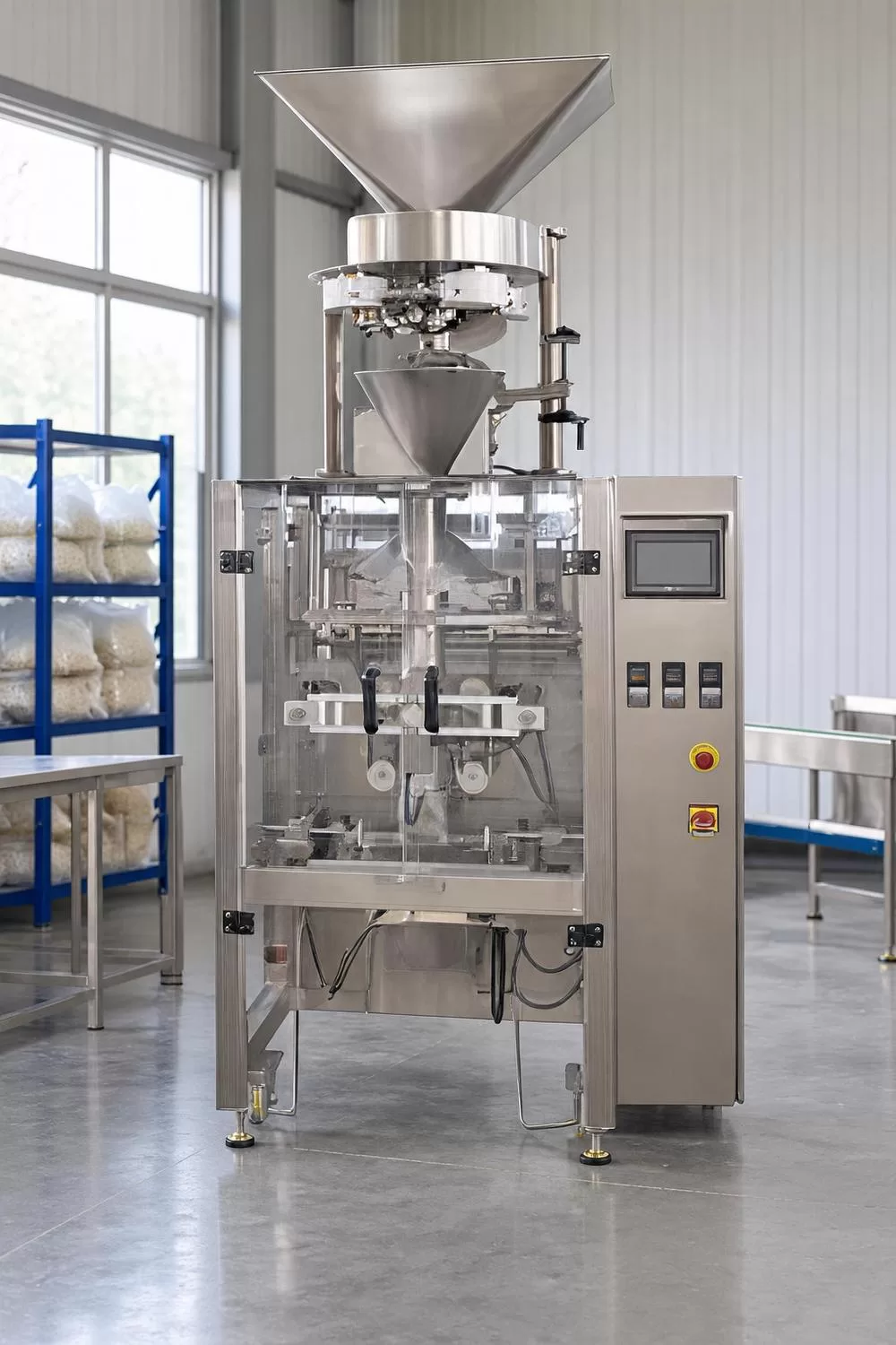 Front view of the main packaging unit with touch-screen control panel and vertical forming tube