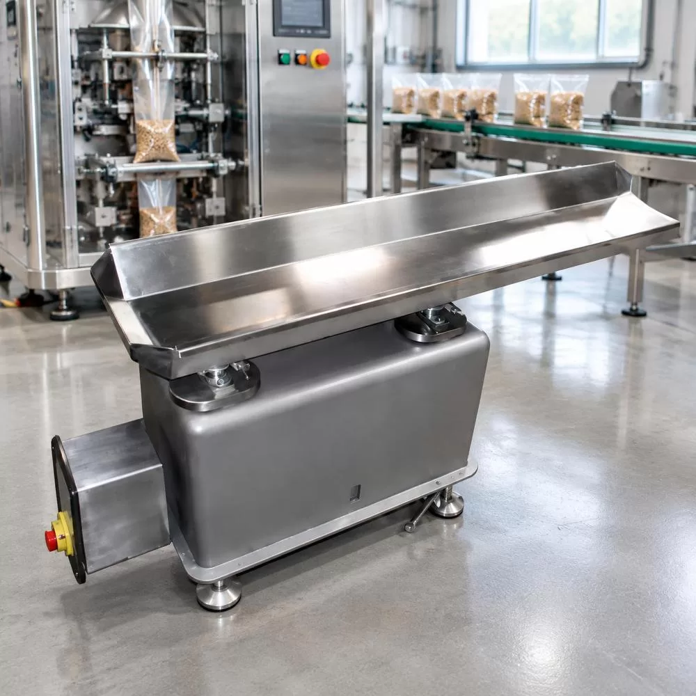 Angled view of a stainless steel vibrating feeder tray with emergency stop button
